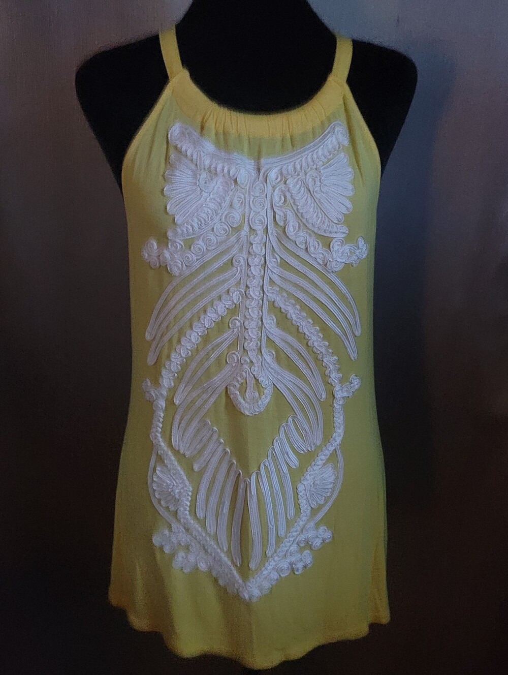 Yellow Halter Dress with White Embroidery